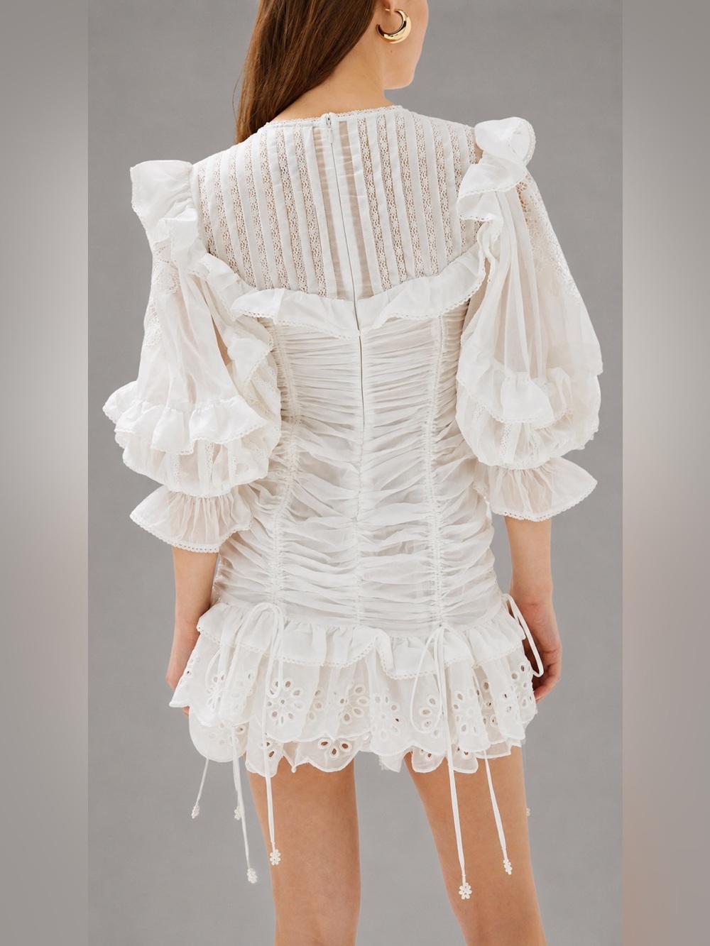 Farm Rio 100% Cotton White Laced Short Sleeve Mini Dress Ruched S Ruffle Eyelet - Picture 5 of 13